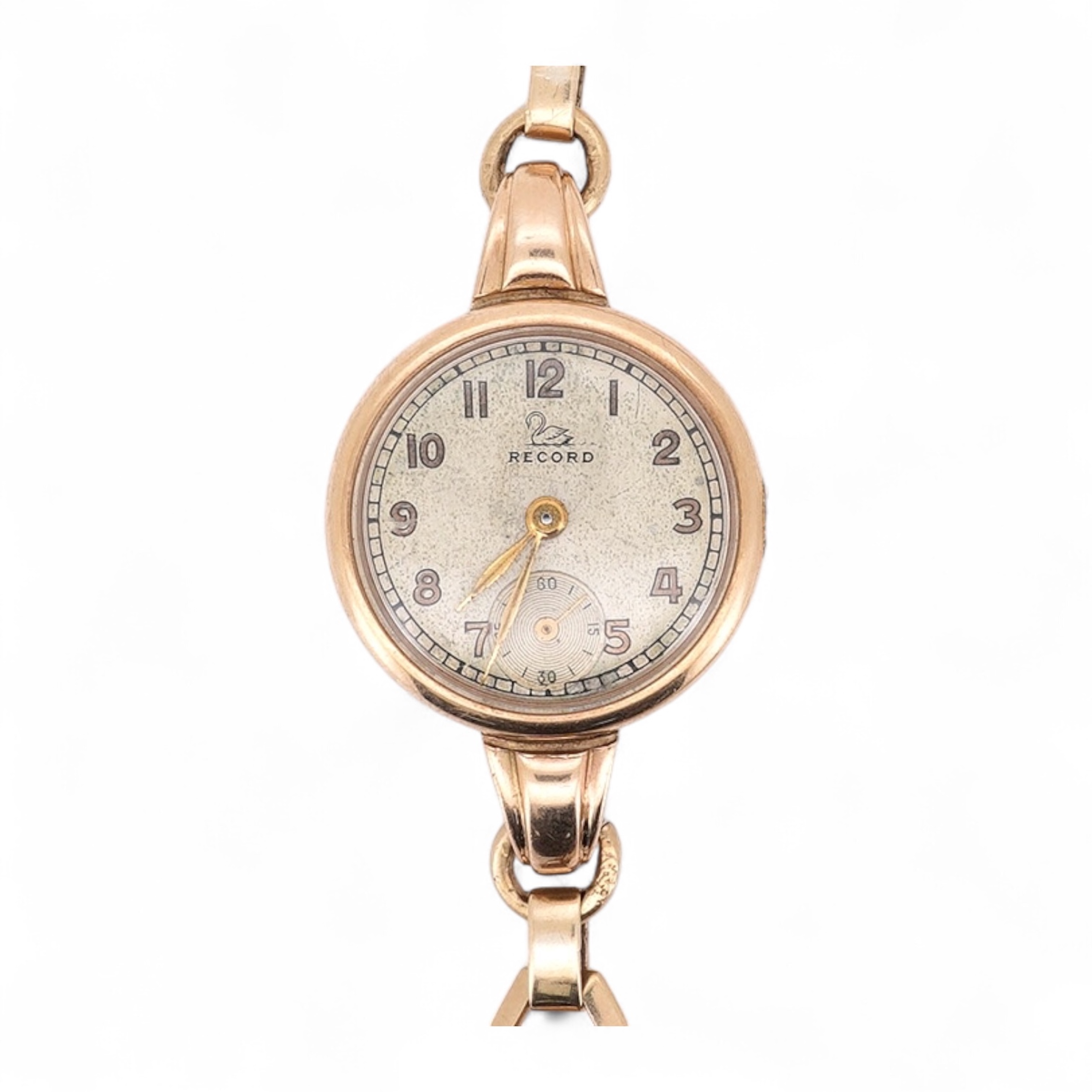 A lady's 9ct gold Record manual wind wrist watch, with Arabic dial and subsidiary seconds, on a 9ct gold bracelet, gross weight 16 grams. Condition - fair